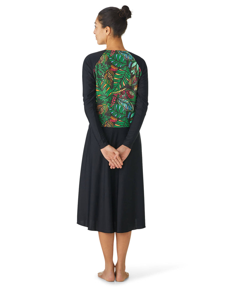 Black long-sleeves skirt green jungle patterned bodice
