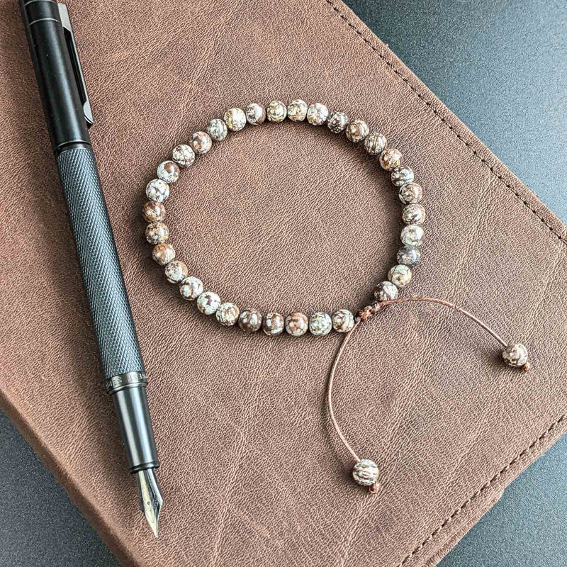 Bracelet Tasbih Homme Amorphe avec 33 Perles Pierre Obsidienne Flocon de Neige Marron