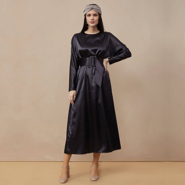 Women's black high waisted belted satin maxi dress