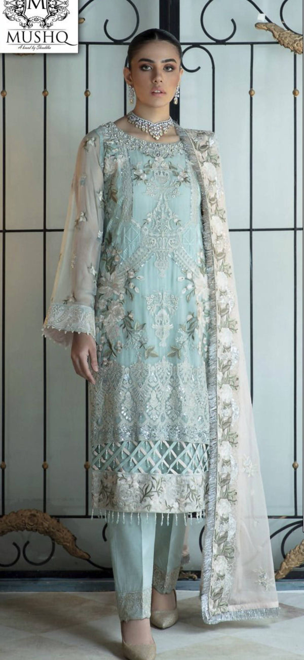Feel glamorous in this fully embroidered heavy georgette suit with pearls, sequins, dorri work, and a crystal border neckline.
