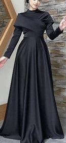 an incredibly flattering V-neck dress with long sleeves, made of premium satin nida. 