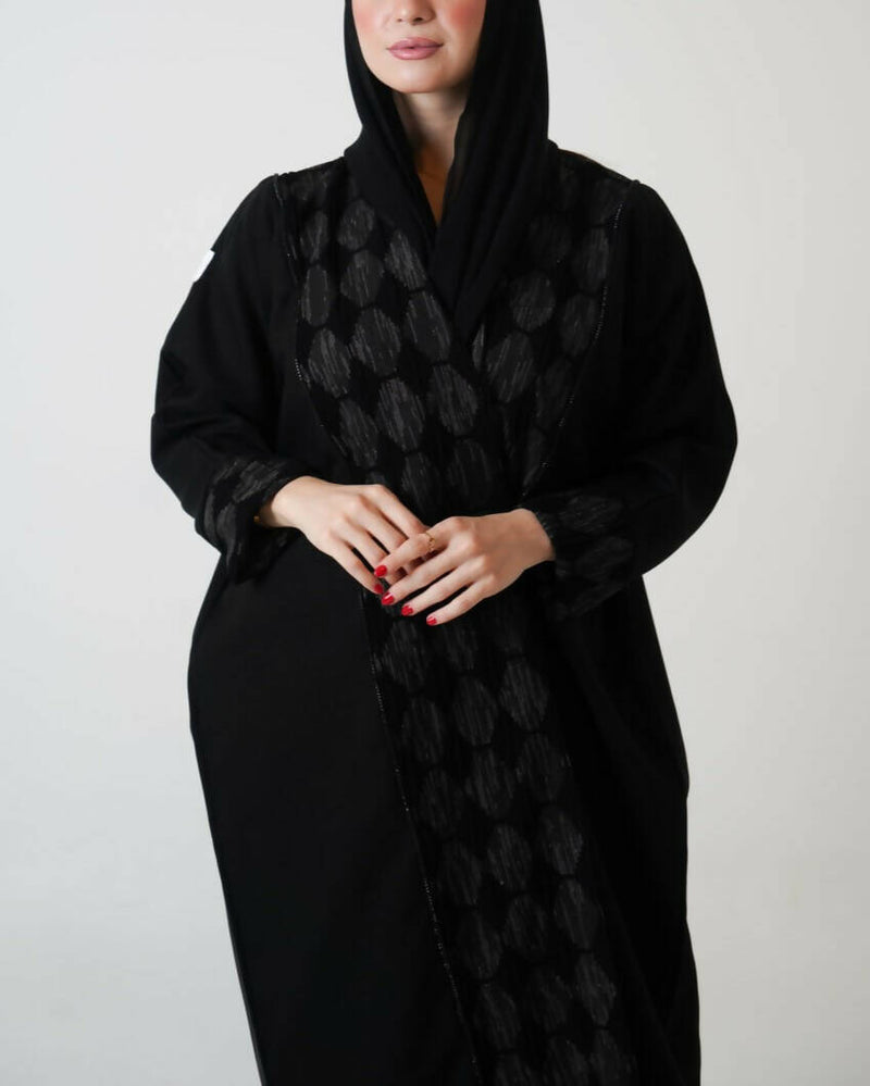 Black Open Abaya with Velvet Design + Free Matching Hijab (Saudi-Style)