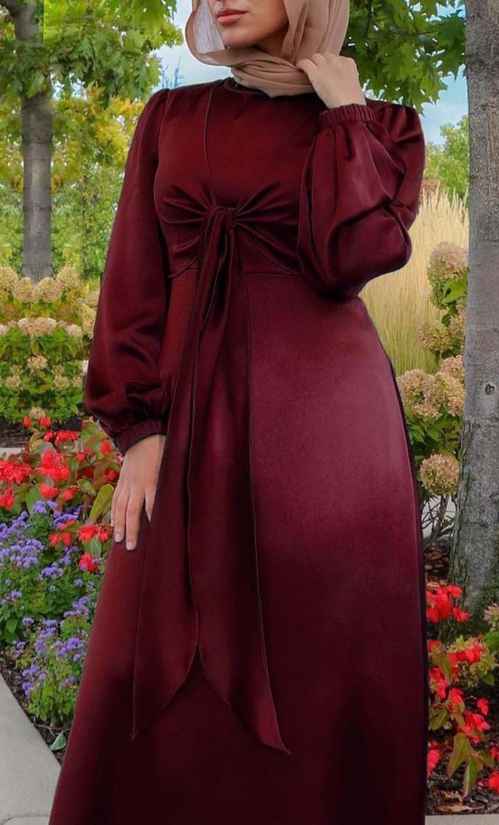 burgundy hijab dress Shiny Satin Knot Tie Maxi Dress