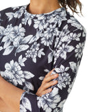 women's 3 quarter sleeve swim top white flora pattern