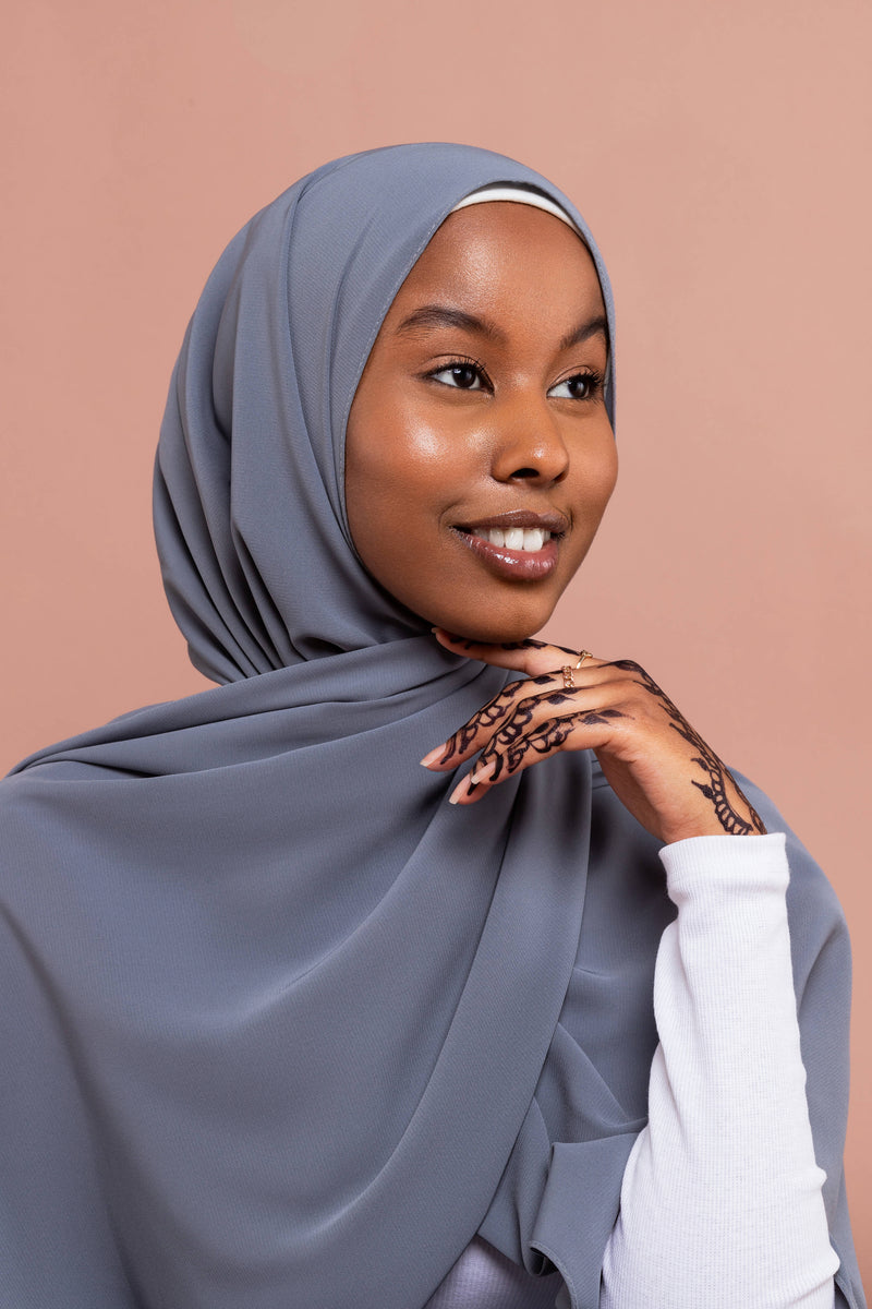 Premium Medina Silk Hijab Blue Grey opaque crease-free