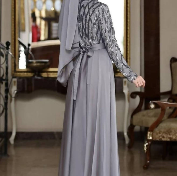 Sumaiya Gown silver maxi dress sequin chiffon back