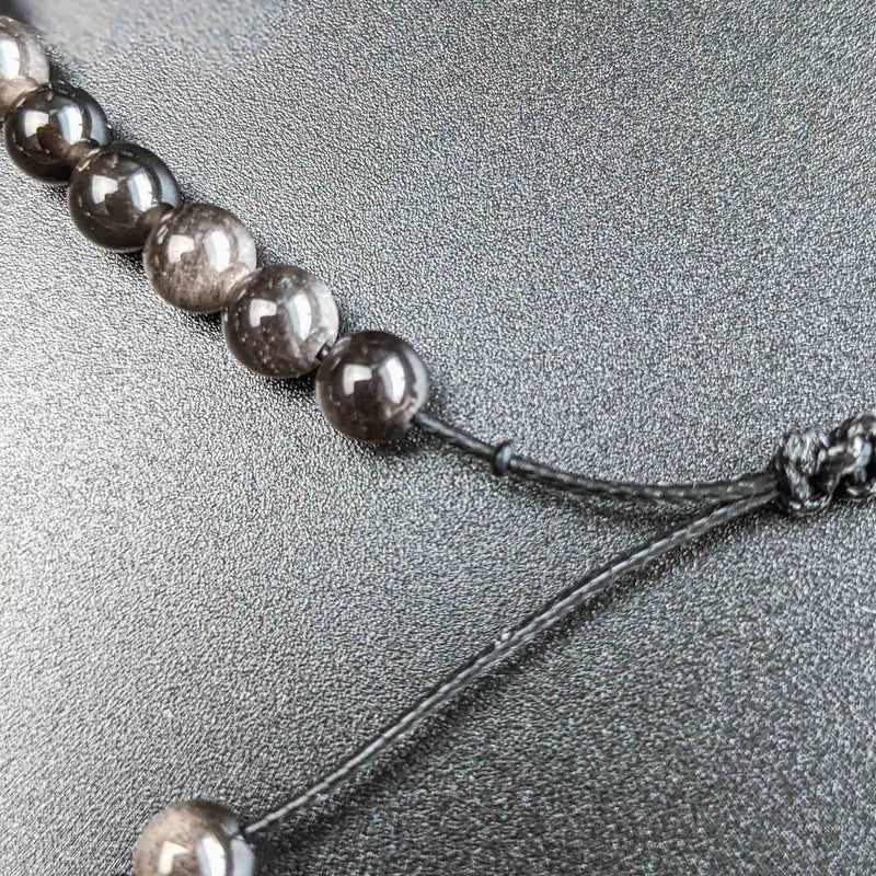 Bracelet Tasbih Observant pour homme avec 33 perles en pierre d'obsidienne argentée