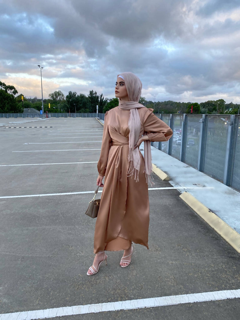 caramel Satin Wrap Dress neutral outfit