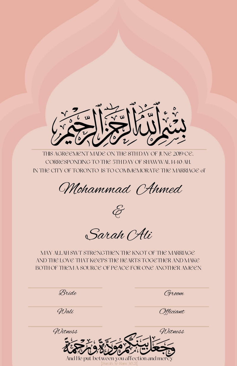 Custom Pink Dome Contract anniversary nikkah