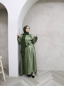 Olive Green Luxury Abaya set knot dress