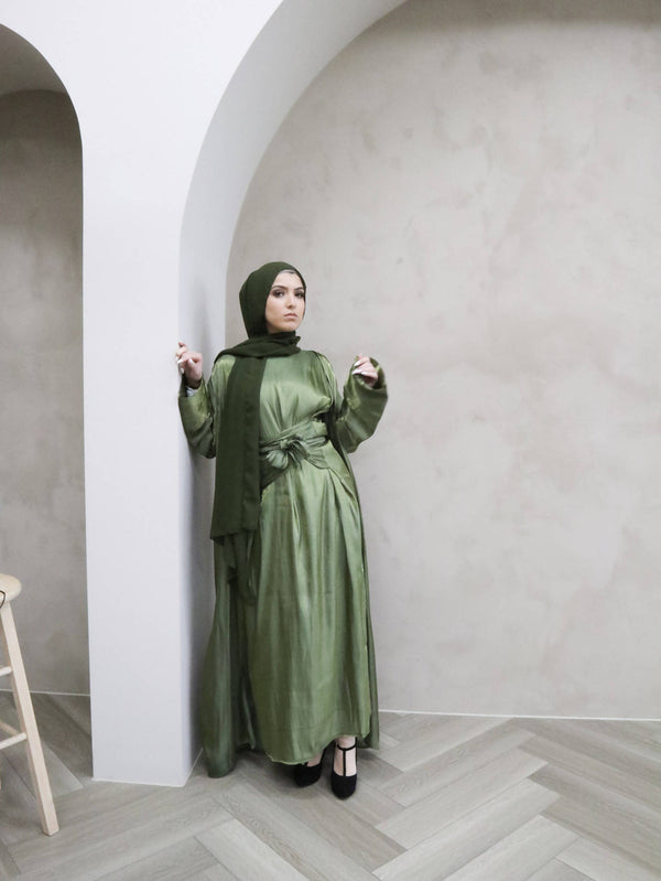 Olive Green Luxury Abaya set knot dress