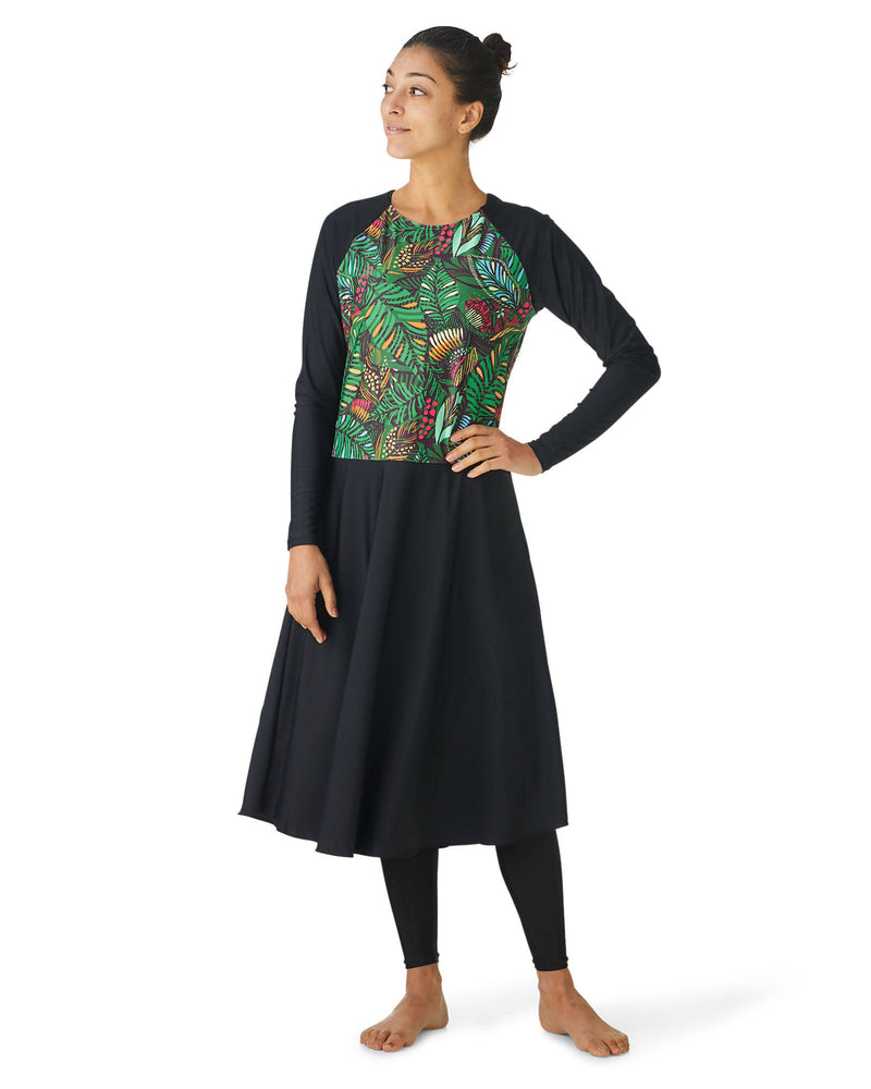 Women's black long-sleeves skirt leggings green patterned swim top