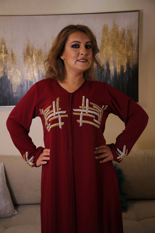 Woman Red Kaftan with Crystals gold silver handmade